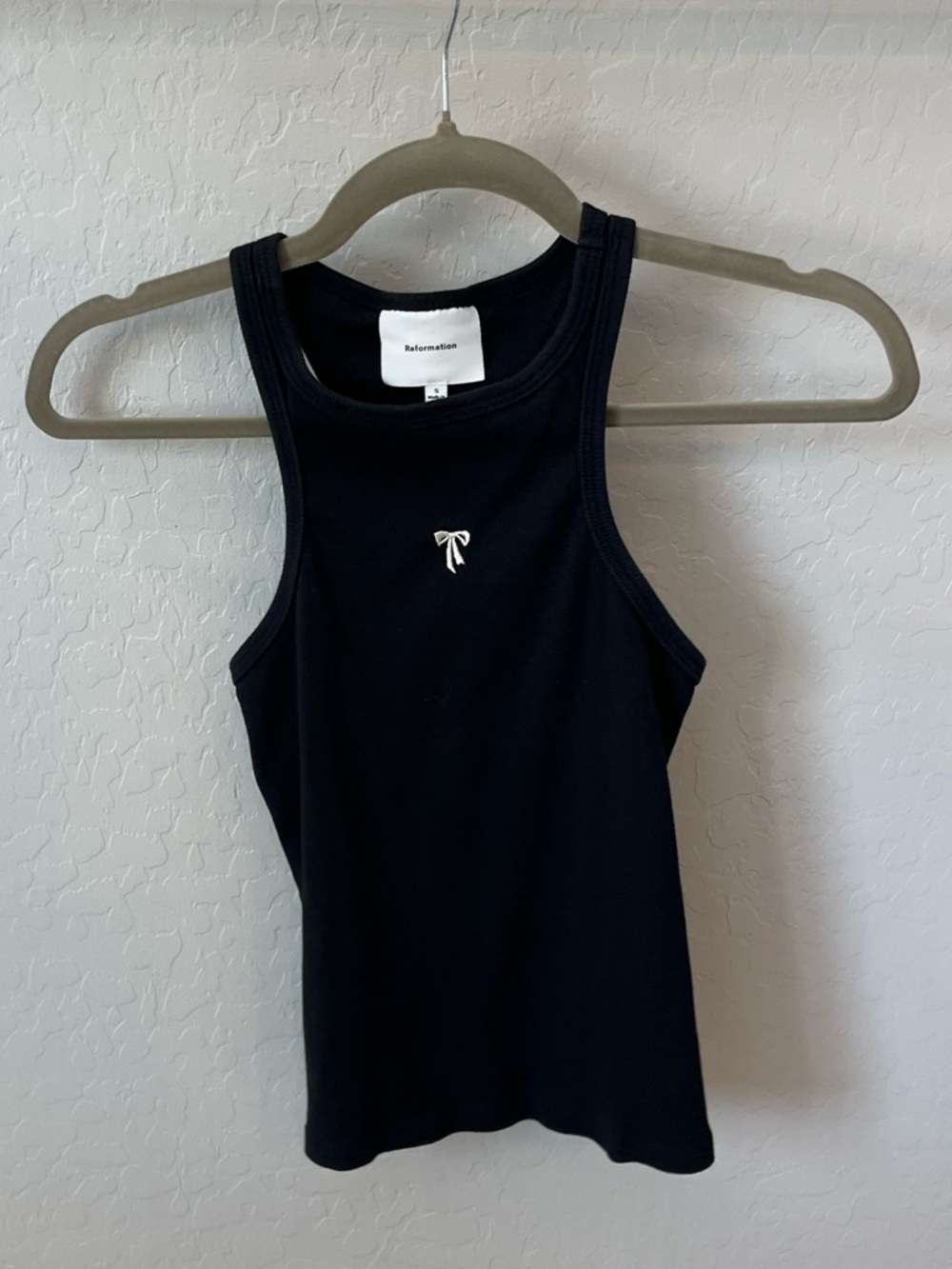 Reformation Black Ribbed Tank with White Bow Accent